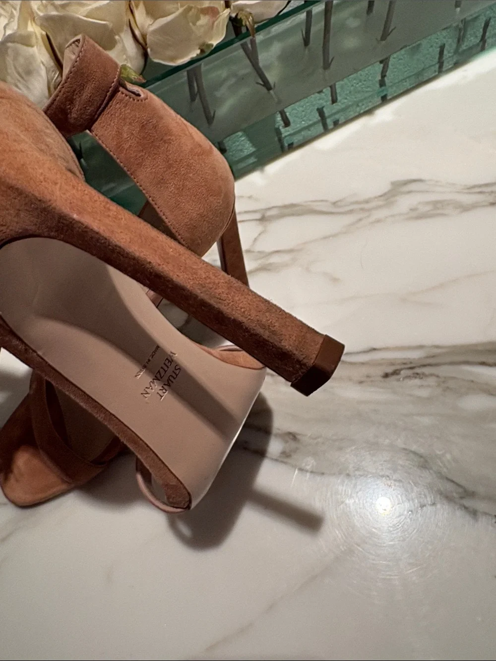 Stuart Weitzman Suede Ankle-Tie Heels in Cognac